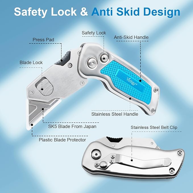 Vickay Box Cutter, Utility Knife with Clip, Stainless Steel Body Handle, Quick-change Blade and Safety Axis Lock, Razor Knife, Cardboard Cutter with Extra 5PC SK5 Blades (Blue)