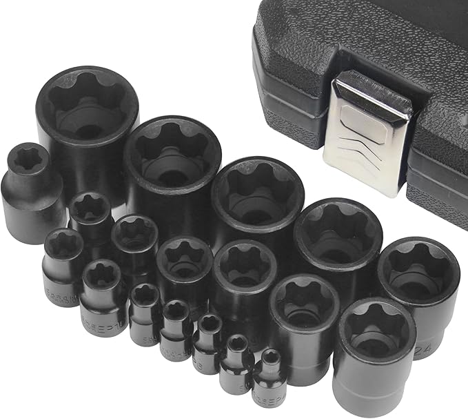 19pc External Torx Plus Socket Set 6 Point EP4, EP5, EP6, EP7, EP8, EP10, EP11, EP12, EP14, EP16, EP18, EP20, EP22, EP24, EP26, EP28, EP30, EP32 with 1/2'' 3/8'' 1/4'' Dr E-Torx Plus Socket