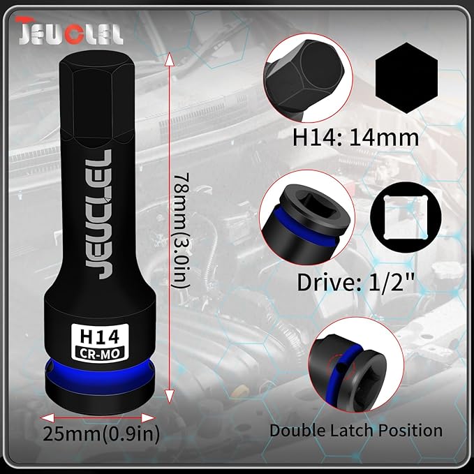 14mm Hex Impact Bit Socket, H14 1/2-Inch Impact Drive Allen Socket, Cr-Mo Steel Lengthen Hex Screwdriver Adapter for Electric Ratchet Wrenches Fastening Screws