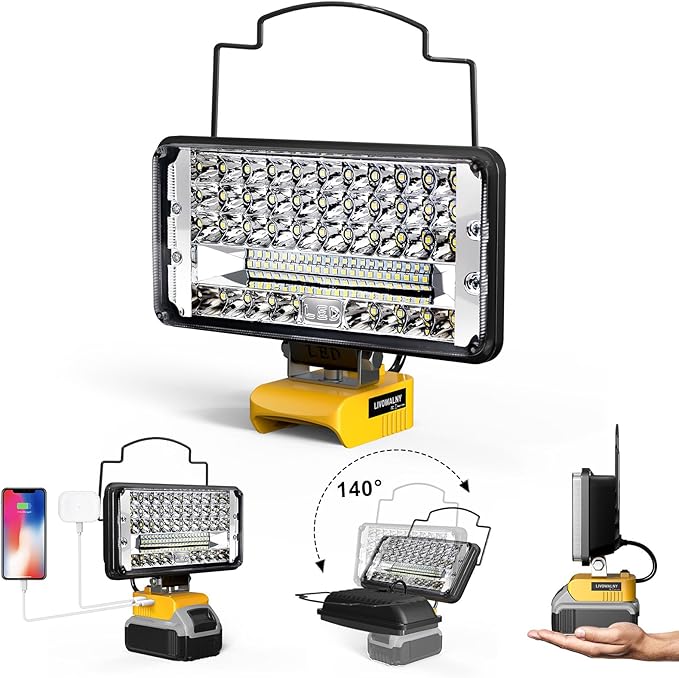 LIVOWALNY LED Work Light Compatible with Dewalt, 100W 10000LM 7" Flood Battery Light, Cordless LED Flashlights with USB & Type-C & Low Voltage Protection & 140째 Pivoting Head for Emergency & Job Site