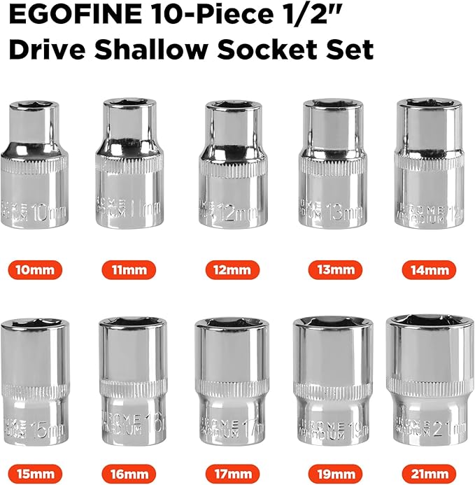 Egofine 10PCS 1/2??Drive Standard Socket Set,Shallow and Metric Socket Set竊?0mm-21mm,6 Point,With Hanging Bracket,Cr-V Steel