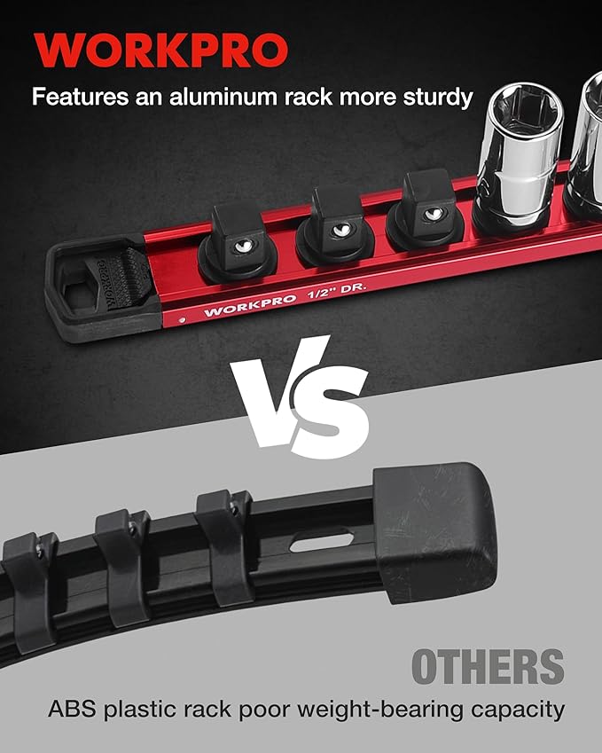 WORKPRO Magnetic Socket Organizer, 1/2" Drive Aluminum Alloy Socket Holder with 10 PC Removable Socket Clips for Quick Customization, Socket Rail for Tool Box Drawer (Sockets Not Included)