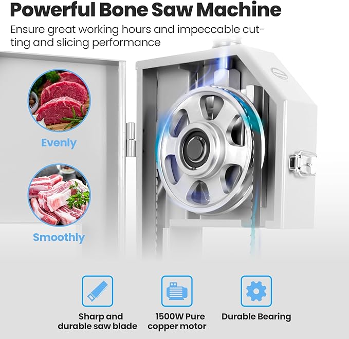 1500W Electric Bone Saw Machine, 19x14" Stainless Steel Worktable, Cuts 0.04-5.0" Thickness, Frozen Meat Cutter with 8 Blades Included, Commercial Bandsaw Machine for Rib Pork Beef