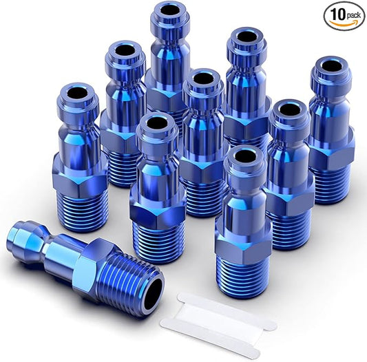 GASHER 10PCS 1/4-Inch NPT Male Blue Aluminum Industrial Air Plug, Pneumatic Plugs 300PSI