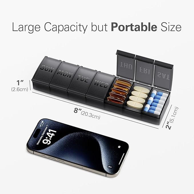 Barhon Pill Organizer Large, Weekly Medicine Pill Organizers, 7 Day Pills Box Case Travel for Big Vitamin Supplements Fish Oil, Orange