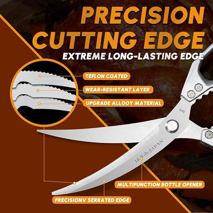 HUUSK Kitchen Scissors Silver - Stainless Steel Kitchen Shears for Food, Japanese Cooking Scissor, Sharp Meat Scissors Dishwasher Safe, Heavy Duty Poultry Shears for Chicken, Christmas Gifts for Women