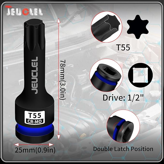 T55 Torx Bit Socket, 1/2" Drive Torx Star 6 Point Impact Bit Socket, 3-Inch, Cr-Mo Steel, Screwdriver Adapter for Electric Ratchet Wrenches Fastening Screws Hand Repair