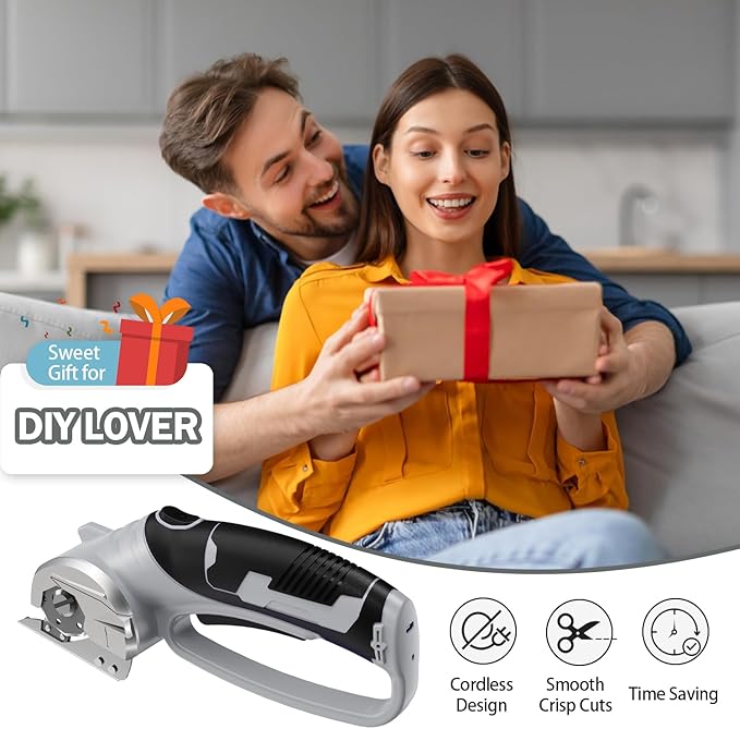 Cordless Electric Scissors, 4V Rechargeable Box Cutter & Cardboard Cutter with LED Light, Safety Lock - Rotary Cutter for Fabric, Leather, Carpet, Plastic, Crafting, Sewing with Storage Box (Grey)
