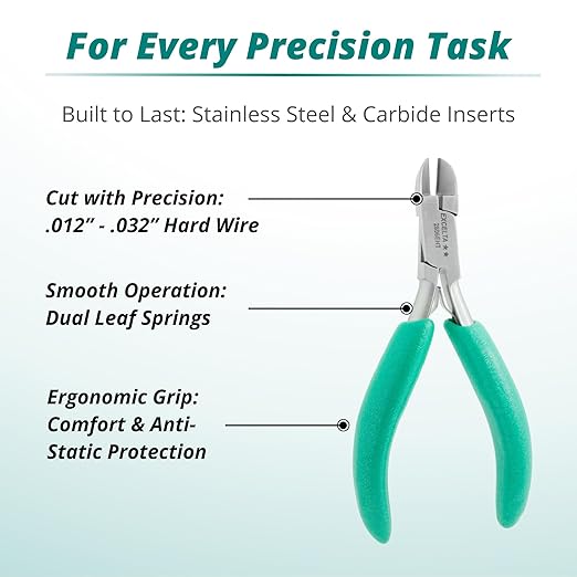 Excelta 2896EHT Large Round Semi-Flush Cutters, SS/Carbide Inserts, Anti-Static Cushioned Grip, 012-.032" Hard Wire, 5.5", Intermediate