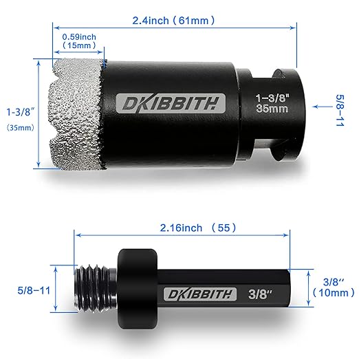 Dry Diamond Core Drill Bits 1-3/8 Inch (35mm) Tile Hole Saws for Porcelain Ceramic Tile Marble Brick Hole Saw with 5/8-11 Thread Plus 3/8 Inch Hex Shank Adapter