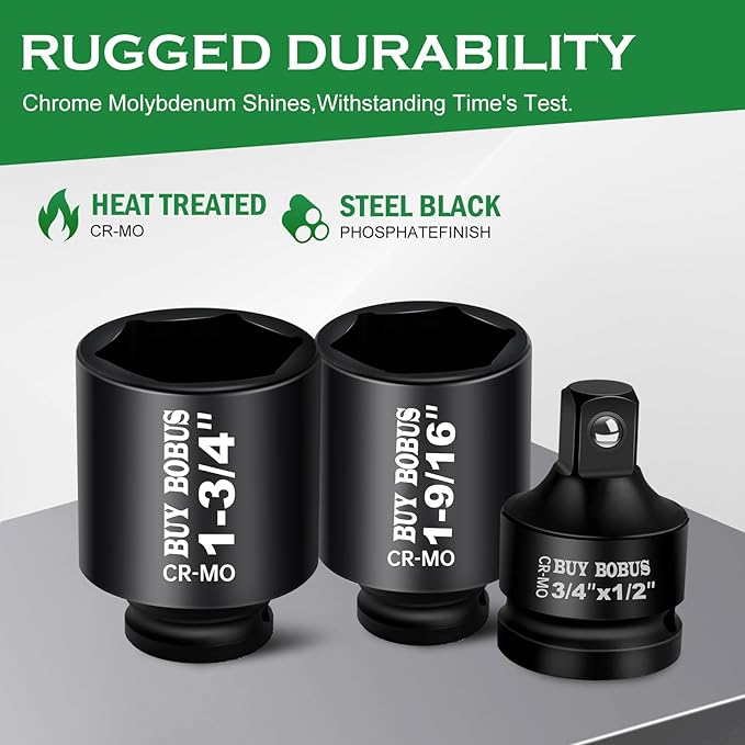 1/2" Drive Impact Socket Set, 9-Piece Standard SAE Deep Axle Nut Sockets, 6-Point, Cr-Mo,1-1/4竊?-3/8竊?-7/16竊?-1/2竊?-9/16竊?-5/8竊?-11/16竊?-3/4, Impact Socket Adapter (3/4" x 1/2")