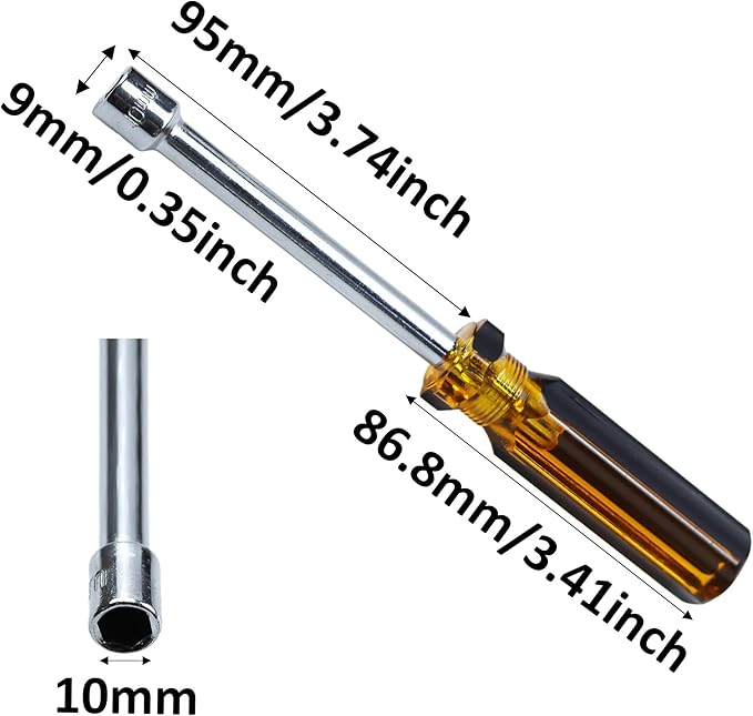 2Pcs 10mm Socket Wrench Screwdriver, Hex Socket Wrench High-Carbon Steel Hexagon Nut Driver Non-Magnetic Tip Hex Nut Screwdriver Hand Tool for Repairs(Plastic Handle)