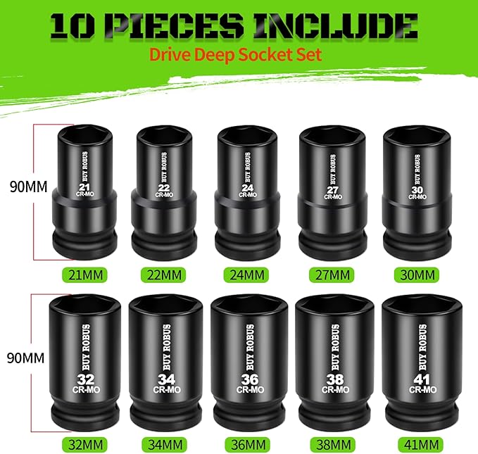 10PCS 1 In Drive Deep Impact Socket Set, Metric, CR-MO, 21,22,24,27,30,32,34,36,38,41mm, Deep Spindle Axle Nut Impact Socket Set