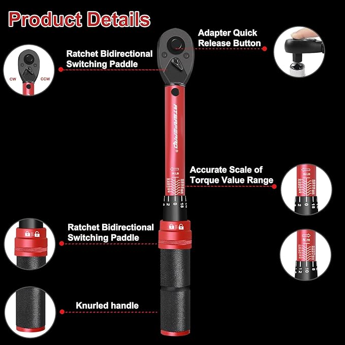 ATsafepro 1/4" Torque Wrench (20-240 in-lb / 2.3-27.1 Nm) -Dual Scale, 72-Tooth Ratchet, 짹3% Pre-Calibrated Accuracy, Suitable for Bike & Bicycle Maintenance