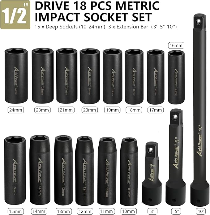AVID POWER 18pcs 1/2-inch Drive Impact Socket Set, 10-24mm Metric Sizes Sockets and 3'' 5'' 10'' Extension Bar, 6 Point, Cr-V Steel Socket Set