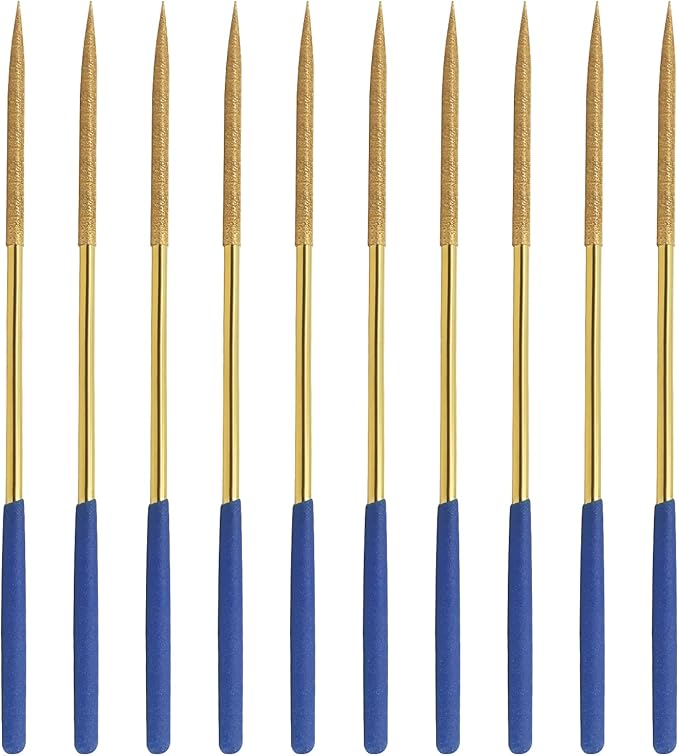 10 PCS Diamond Needle File (4mm x 160mm,150 Grit) Titanium Coated Mini Metal Files Round Files for Precision Metal File Work Miniature DIY Jewelers/Glass/Ceramic