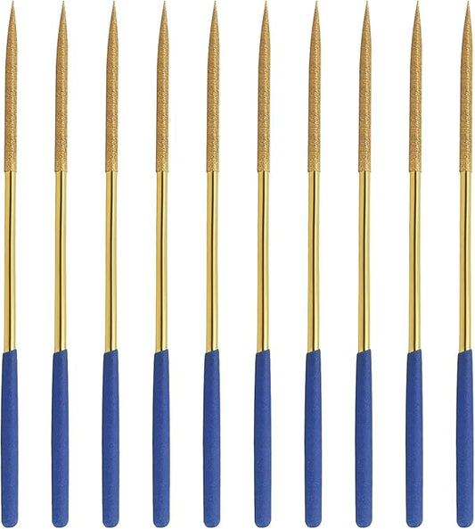 10 PCS Diamond Needle File (4mm x 160mm,150 Grit) Titanium Coated Mini Metal Files Round Files for Precision Metal File Work Miniature DIY Jewelers/Glass/Ceramic