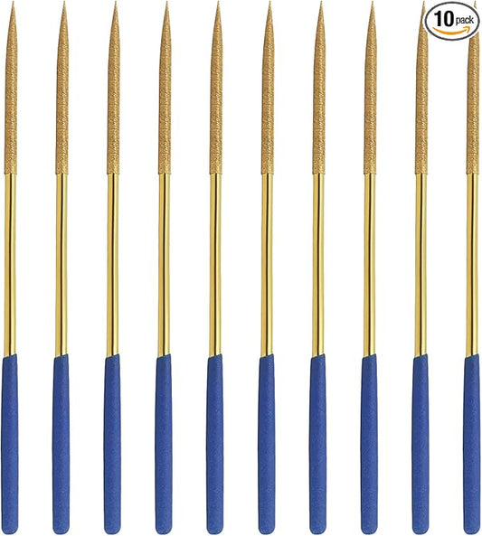 10 PCS Diamond Needle File (3×140mm) 150 Grit Titanium Coated Mini Metal Files Round Files for Precision Metal File Work Miniature DIY Jewelers/Glass/Ceramic