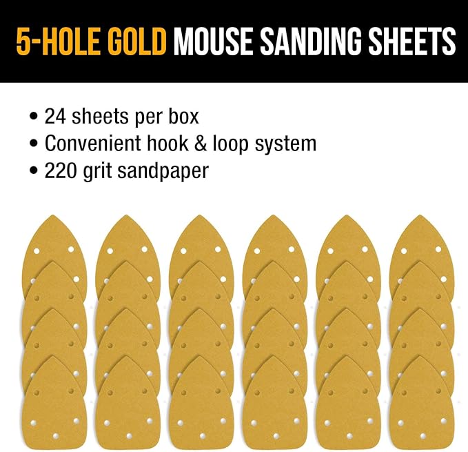 Dura-Gold Premium Mouse Detail Sander Sandpaper Sanding Sheets - 220 Grit (Box of 24) - 5 Hole Pattern Hook & Loop Triangle Mouse Discs - Woodworking Wood, Furniture Crafting, Sand Automotive Paint
