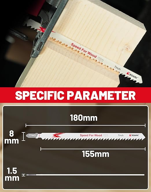 EZARC 10PCS Jigsaw Blades T744D 7 inch Extra Long Jig Saw Blades Set for Wood Fast Cutting Assorted T-Shank Replacement 6 TPI Curved & Scrolling Cutting