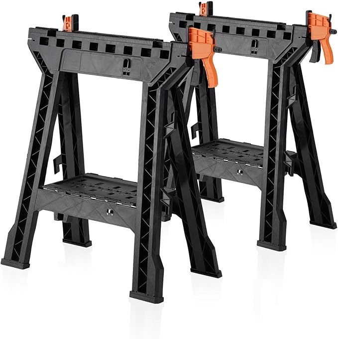 ZYJOYY Clamping Sawhorses 2 Pack Folding, Portable Heavy Duty Sawhorse with 1000 lbs Weight Capacity Total,Built-in Tool Tray and Cord Hooks