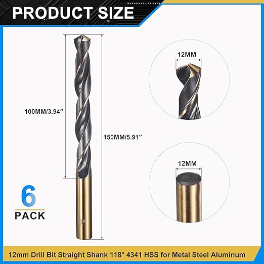 PATIKIL 12mm Drill Bit, Jobber Straight Shank 4341 High-Speed Steel 118째 Black and Gold Finish for Medium-Hard Metal Steel Acrylic - 6 Pack