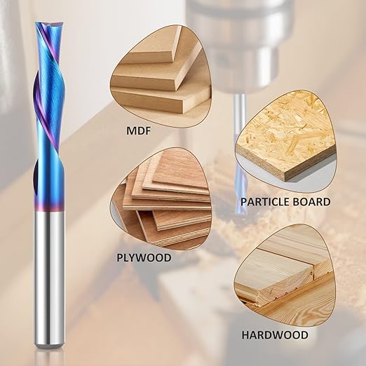 HQMaster Spiral Router Bit Downcut 1/4 Inch Shank Solid Carbide CNC Router Bit with Nano Blue Coating CNC Bits End Mill for Woodwork Mortise Slot Trim, 5 Pack