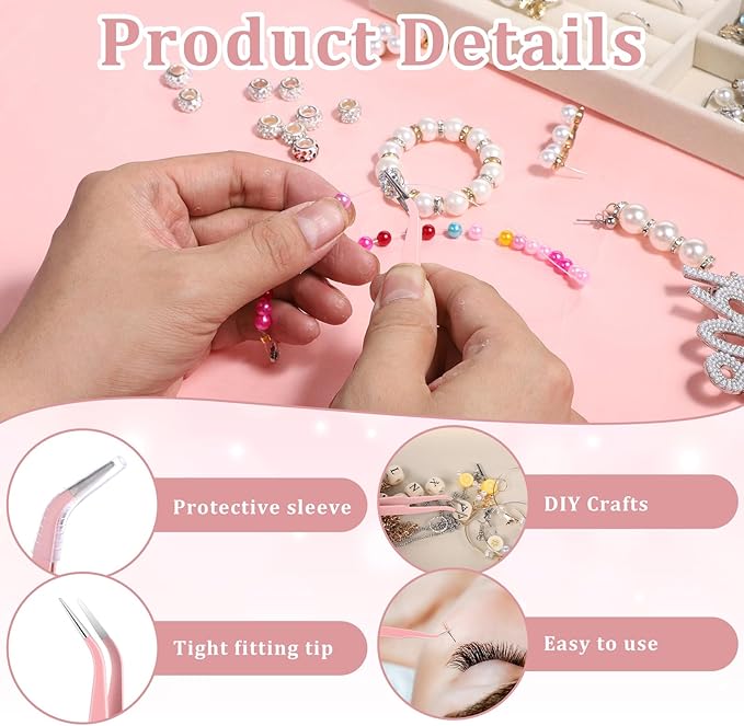 9 Pcs Precision Tweezers, Stainless Steel Craft Tweezers for Crafting, Curved Tweezer Multipurpose Pointed Long Tweezer for Crafting DIY Bead Jewelry Making, Scrapbooking, Crafts, Nail Art (Pink)
