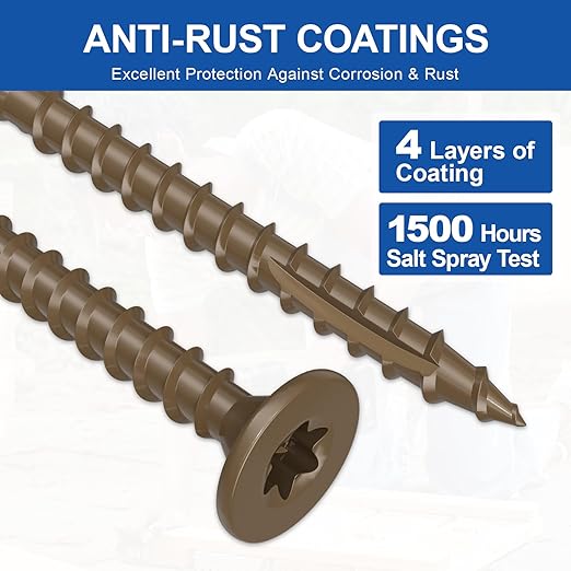 #8 x 1-1/2” Deck Screws, 250Pcs Star Drive Wood Screws, Rust Resistant Timber Screws for Timber/Log/Landscaping Wood, T20 Star Bit Included, Brown