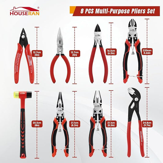 8-Piece Tool Set with Case Including 10??Groove Joint Pliers, 8.3??Long Nose, 8.3??Linesman, 7.5??Diagonal, 6??Flush Cutter, 5??Long Nose, 5??170 Cutter, 25mm Rubber Mallet for DIY & Home Use