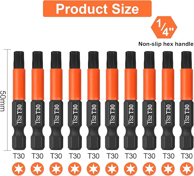 Pro T30 Screwdriver Bit Set - Torx Screwdriver 10 Pieces, 50mm Length, 1/4" Hex Shank Bit Assortment, with Storage Box