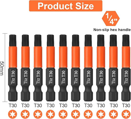 Pro T30 Screwdriver Bit Set - Torx Screwdriver 10 Pieces, 50mm Length, 1/4" Hex Shank Bit Assortment, with Storage Box
