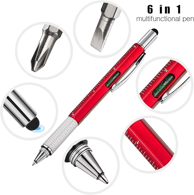 Zhanmai 8 Pcs Gift Pen for Men 6 in 1 Multitool Pen with Ruler Level Refills Screwdriver Stylus Christmas Stocking Stuffers Gift for Men Dad Husband Adults Birthday Present(Red)