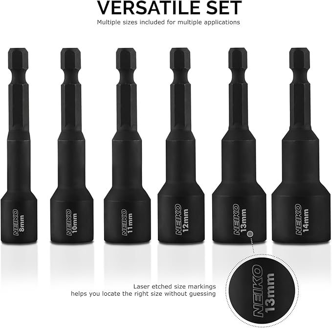 Neiko 10191A Impact Ready Magnetic Nut Driver | 6 Piece | MM | 8 to 14 mm | 2-9/16” Length | Cr-V, metric, Master Kit