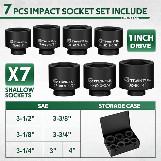 7-Piece 1-Inch Drive Socket Set, SAE, 3", 3-1/8", 3-1/4'', 3-3/8", 3-1/2",3-3/4", 4" Shallow Spindle Axle Nut Socket, Jumbo Impact Socket Set with Metal Case for Trailer & Heavy Equipment