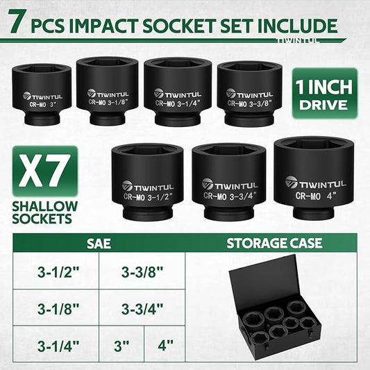 7-Piece 1-Inch Drive Socket Set, SAE, 3", 3-1/8", 3-1/4'', 3-3/8", 3-1/2",3-3/4", 4" Shallow Spindle Axle Nut Socket, Jumbo Impact Socket Set with Metal Case for Trailer & Heavy Equipment