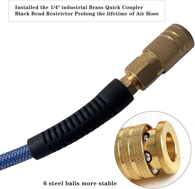 Air Hose 1/4 in x 100 ft, Polyurethane(PU), Reinforced Air Compressor Hose, Lightweight, Kink Resistant with 1/4??Industrial High Flow Quick Coupler&Plug, Bend Restrictors,300 PSI (100FT, Dark Blue)