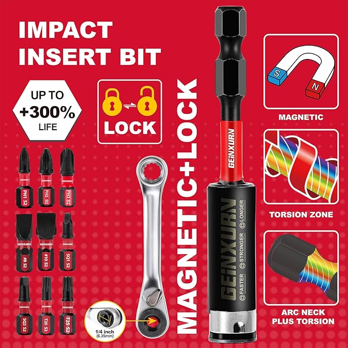 Screwdriver Bit Set with PH1/PH2/PH3/SQ1/SQ2/T20/T25/SL8/SL10 and 1Pcs Impact Bit Holder, 60Pieces Impact Rate Insert Driver Bit Set