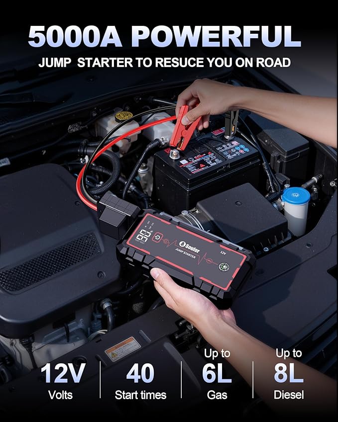 5000A Jump Starter Car Battery Jumper Starter Portable with Jumper Cable, Quick Charge Power Bank, 3 Modes Flashlight, Compass