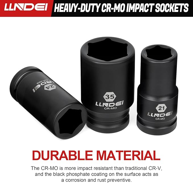 LLNDEI 3/4 inch Drive Impact Socket Set, 12 Piece Heavy Duty CR-MO Deep/Jumbo Sockets 6 Point Design, Metric 21mm-38mm, for Large Vehicle and Apparatus Maintenance