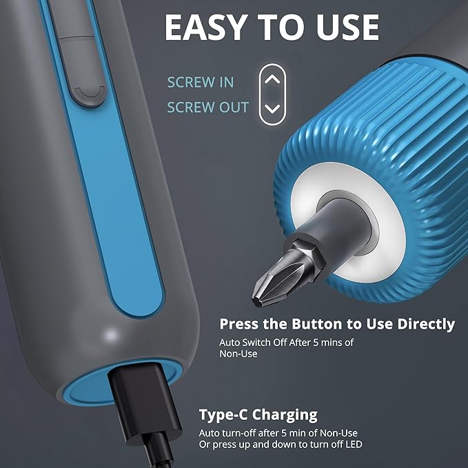 Tilswall 4V Electric Screwdriver Cordless, 10N.m High Torque /260 RPM, Cordless Screwdriver with 4-Level Control, 2200mAh USB-C Fast Charging, with 25pc S2 Steel Bits for DIY and Home Repairs (Blue)