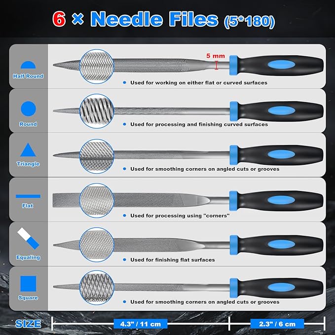 MORROWIND Small 6-Piece Needle File Set, Diameter 0.19" Length 7.09" Hardened Alloy Steel Mini File for Metal Wood Plastic, Includes Flat, Warding, Square, Triangular, Round, Half-Round, Blue