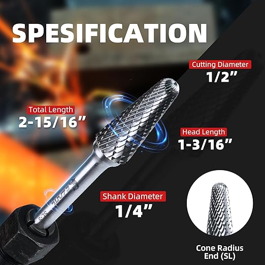 EZARC Tungsten Carbide Rotary Burr Bit, SL-5 Taper Shape Radius End Double Cut Carbide Burr 1/4" Shank Die Grinder Cutting Burrs Bit for Metal Working & Sturdy Storage Case