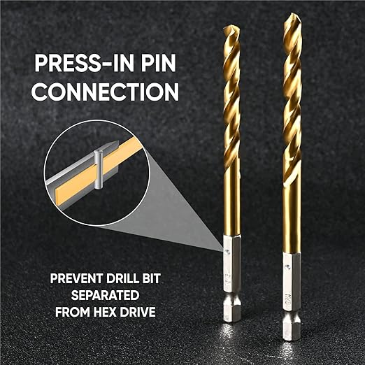 amoolo 5/16 Impact Drill Bit Sets, 5Pcs Titanium HSS Twist Hex Shank Drill Bit Set for Metal, Steel, Wood, Plastic, Quick Change Design
