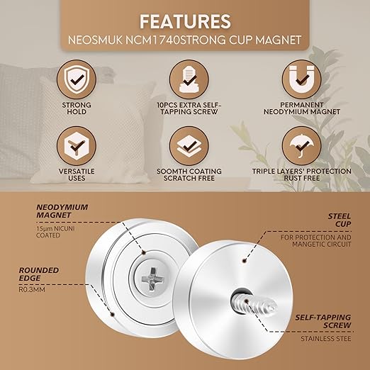 Neosmuk Magnets with Screws,22lbs+ Heavy Duty Rare Earth Neodymium Mounting Magnets with Holes, Countersunk Round Disc Industrial Magnets for Wall Mounting, 5 Pack