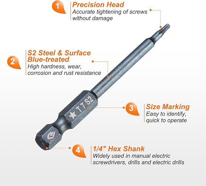 HARFINGTON 5pcs 5-Point Torx Screwdriver Bit 1/4" Hex Shank 7mm Magnetic Head 2.6" Length S2 Steel Pentagon Star Screw Driver Bit for Repair Work Electric Screwdriver, Blue