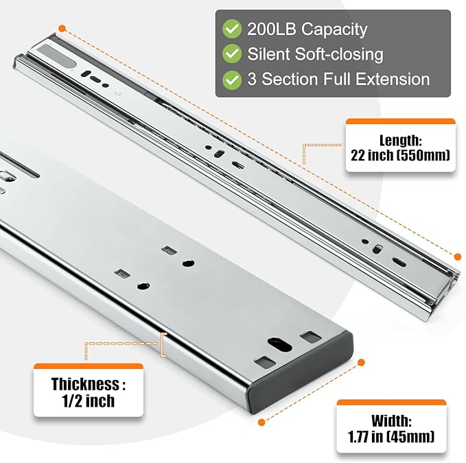 1 Pair | Soft Close Drawer Slides 22 inch, HBL??Heavy Duty Cabinet Drawer Slides Replacement - Ball Bearing Full Extension, 200 LB Capacity, Made of Cold-Rolled Steel, Rust-Resistant & Long-Lasting.