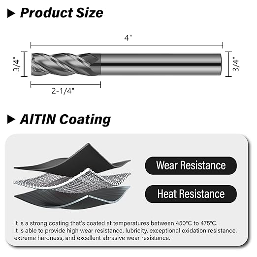 3/4" Carbide Square End Mill 4 Flute AlTIN Coated CNC Milling Bits for Alloy Steels, Hardened Steels, Cast Iron