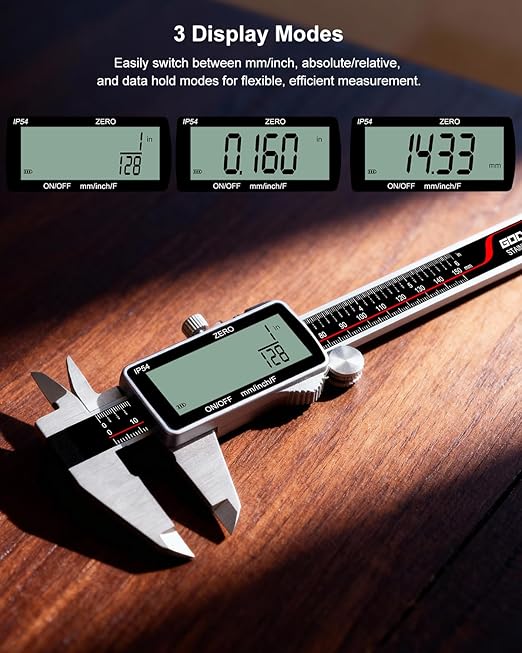 GODESON Digital Caliper, Rechargeable Digital Micrometer-IP54 Waterproof, Stainless Steel & Large LCD Screen Caliper Measuring Tool-Inch/Metric/Fraction,6" Calipers-Auto Off for Pros & DIYers