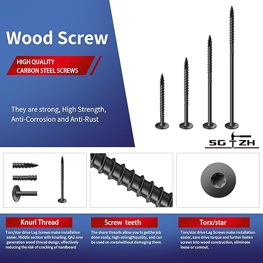 #14 x 2 Inch Outdoor Structural Wood Deck Screws (94Pcs/2lb), Carbon Steel, Black, Flat Head, Rust Resistant Epoxy Coated, T30 Star Bit